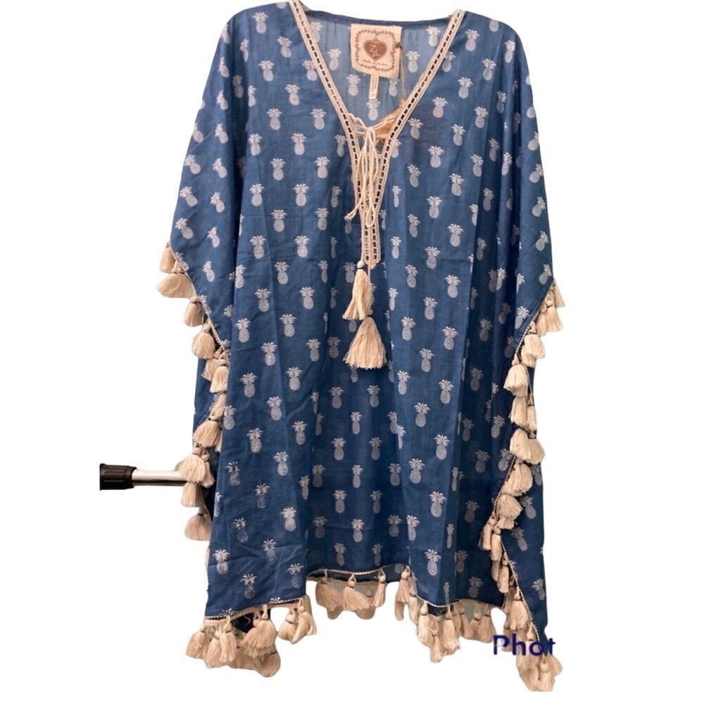 Bohemian Navy Pineapple Tassel Kaftan Tunic by